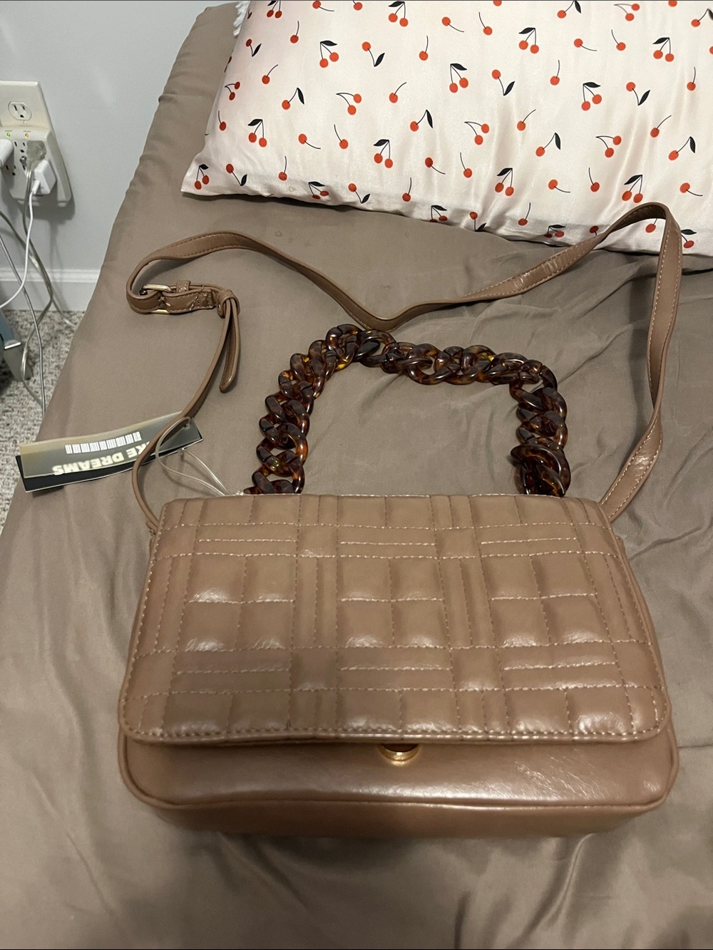 Quilted Taupe Shoulder Bag with Tortoiseshell Chain